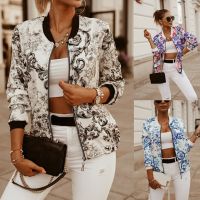 Honnyzia Shop Flower Print Long Sleeve Women Bomber Jacket Fashion Zipper Up Vintage Coat Tops Elegant Slim Basic Ladies Coats