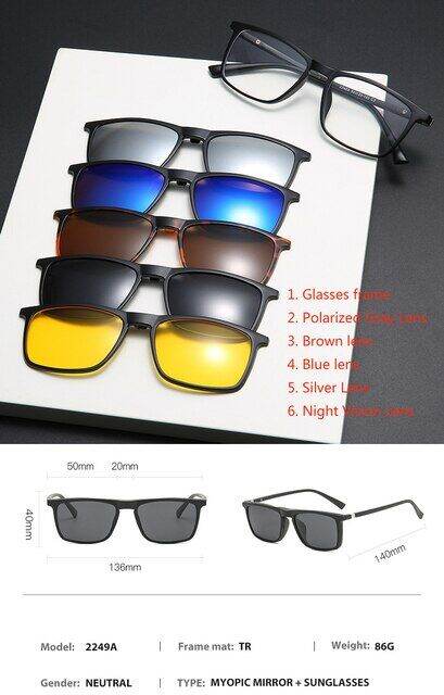 Vcka 6 In1 Men Round Polarized Sunglasses 2022 New Optical Magnetic Clip Multipurpose Eyewear 1836