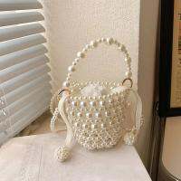 Women Mini Bucket Tote Bags Pearl Handle Woven Crossbody Bags for Women String Purses Bead Handbags Ladies Designer Shoulder Bag