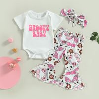 Infant Baby Girls Summer Jumpsuits Set Letter Print Short Sleeves Romper and Elastic Flare Pants Headband Outfit  by Hs2023