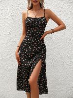 xixibeauty Floral Print Spaghetti Dress, Elegant Split Backless Cami Dress, Womens Clothing