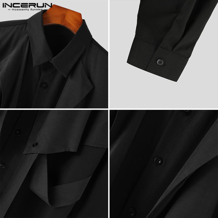 incerun-เสื้อทรงหลวมกระดุมเสื้อเชิ้ตมีปกสำหรับผู้ชายเสื้อท่อนบน2ชิ้นเสื้อเบลาส์-สไตล์เกาหลี