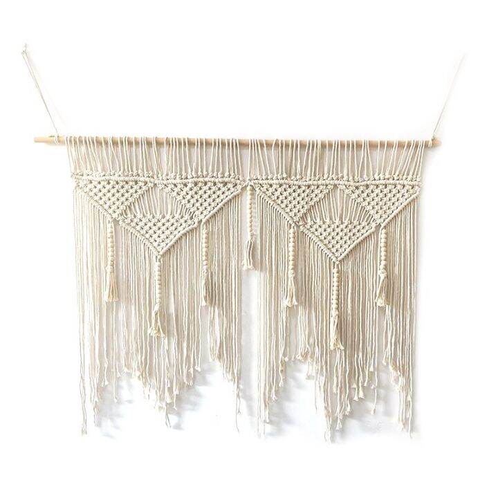 พรมแขวนผนังงานทำด้วยมือของ-macrame-ผ้าใยศิลปะโบฮีเมียนลายเชือกฝ้ายสไตล์นอร์ดิกม่านตกแต่งผนังบ้านพื้นหลังสีขาวครีม