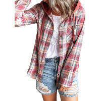 【cw】 Cross-Border European and American Foreign Trade Womens Clothing 2021 Autumn and Winter New Plaid Hoodie Single Row Button Casual Shirt ！