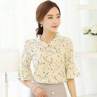 Summer Ladies Tops Floral Chiffon Tops Bowknot Short Sleeve Casual Loose Tops