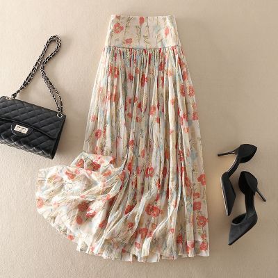 【CC】 Fashion Mesh Floral Skirt Womens Clothing 2023 Waist Pleated