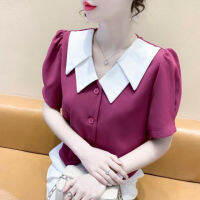 Contrast Color เสื้อสูทแขนสั้นผู้หญิง2022ฤดูร้อนใหม่สั้น High-End Peter Pan Collar Blouses