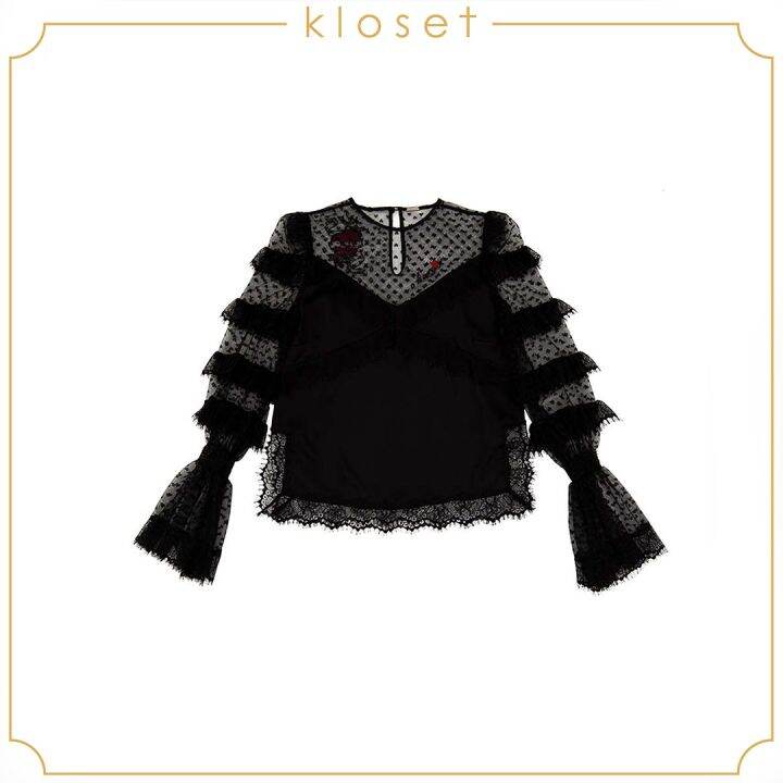 kloset-lace-embroidered-blouse-pf20-t011-เสื้อแฟชั่น-เสื้อผ้าตาข่ายพร้อมซับใน-เสื้อแขนยาว-เสื้อผ้าแฟชั่น