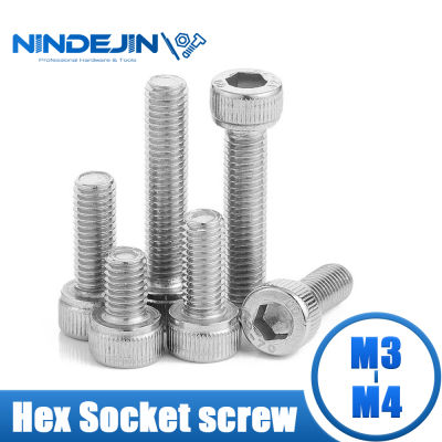 NINDEJIN Hex Socket Screw 304 Stainless Steel Hexagon Cap Head Bolt DIN912 - M3/M4 (20-55 Pcs)