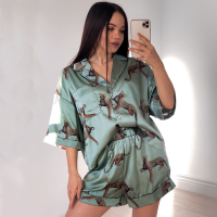 Animal Leopard Satin Short Shirt Pajama Suits Elastic Waist Wide Leg Shorts Women Loose Short Sleeve Blouse Tops 2 Pieces Set