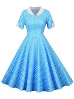 HOT★2022ชุดสตรีฤดูร้อนแขนสั้น Polka Dot พิมพ์สูงเอว Elegant Office Party Midi Sundress Robe