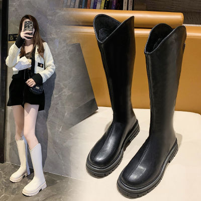 รองเท้าบูท2023สำหรับผู้หญิง,รุ่นเกาหลีหัวกลมหนาพื้นรองเท้าทรงสูงด้านหลังมีซิปบูทยาวถึงเข่าส้นเตี้ยส้นหนา