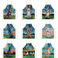 Oil Painting Style Apron Starry Sky Background Dog Creative Cotton Linen Parent-child Apron Kitchen Household