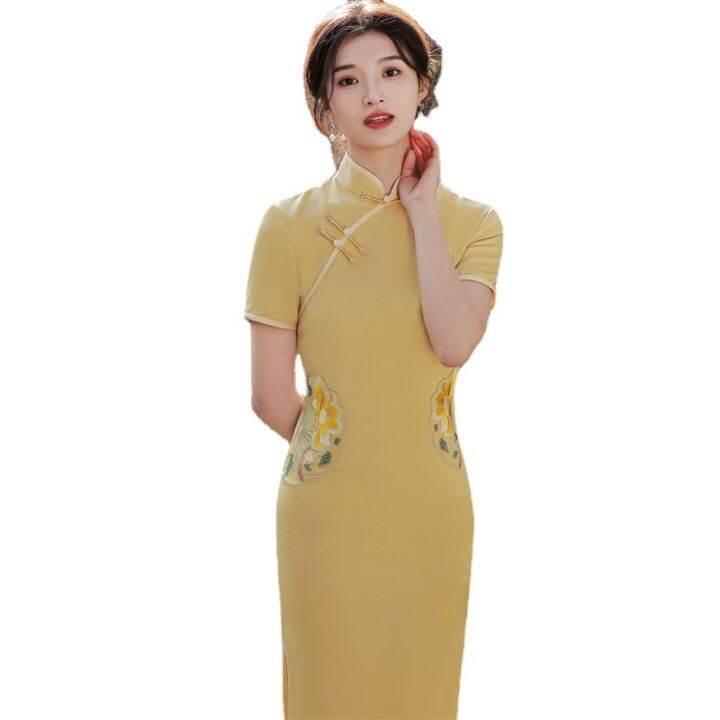 2022เลียนแบบกรดอะซิติกสุภาพสตรี-cheongsam-หนุ่มสไตล์ปรับปรุงย้อนยุคเย็บปักถักร้อยที่เรียบง่ายและสง่างามระดับไฮเอนด์นางฟ้ากระโปรงสาธารณรัฐสไตล์จีน