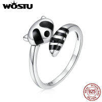 WOSTU เปิดแหวนเงินแท้925แรคคูนสัตว์แหวนสำหรับผู้หญิงสีดำเคลือบพรรคเครื่องประดับของขวัญ S925เครื่องประดับ CQR652