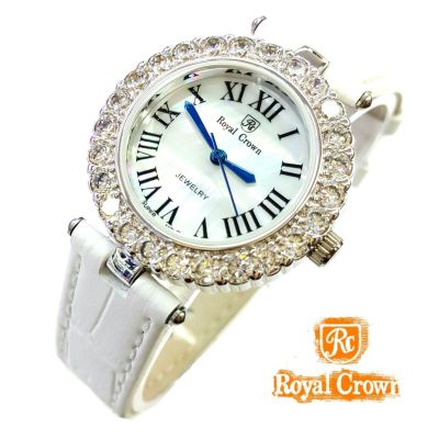 Royal Crown นาฬิกาข้อมือผู้หญิง สายหนัง ประดับเพชร cz อย่างดี รุ่น 6305-LE (White)