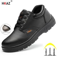 HKAZ Black Genuine Cow Leather Men Safety Shoes Non Slip Steel Toe Cap Insulated Work Construction Water Proof Men Boots LBX088A