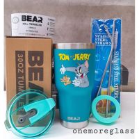 แก้วBEAR สกรีนUV Tom &amp; Jerry ขนาด30 Oz.แถมฟรีฝาแก้วน้ำ1อัน  ยางรองแก้ว1อัน และหลอดสแตนเลสพร้อมแปรงล้างหลอด