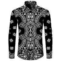 NEW Mens Vintage Pattern Print Long Sleeve Shirt Turn-down Collar Buttoned Tops Hip Hop Casual Streetwear Social Party Clothing