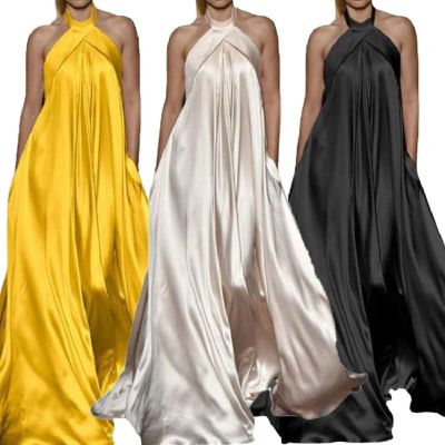 ชุดเดรสยาวสีชุดเดรสปาร์ตี้ของผู้หญิงชุดเดรสยาวสีขาวดำเหลืองแขนกุดสีล้วนแต่งระบาย Sp คอเสื้อห้อยคอชุดฤดูร้อนสง่างาม