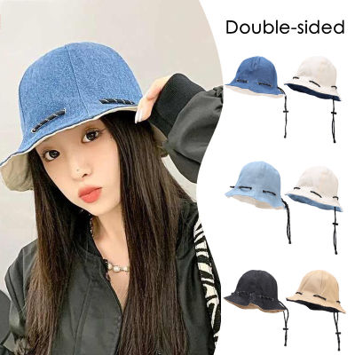 [Lady Sugar] หมวกชาวประมงยีนส์สองด้านหมวกบังแดดพับเก็บได้สำหรับฤดูร้อนที่บังแดดหมวกมีเชือกดึงหมวกทรงถังกันแสงแดด