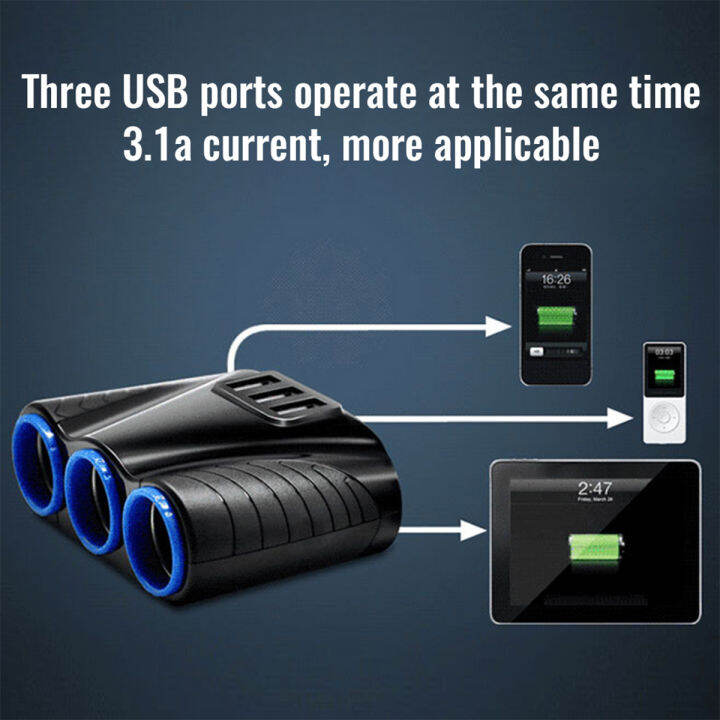 อะแดปเตอร์ที่เบากว่า3ทาง120w-ตัวแยกที่ชาร์จในรถยนต์-usb-12v-24v-ช่องเสียบสำหรับ-gps-dashcam-iphone-ipad-samsung-สีดำ