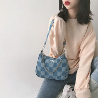 Women Small Shoulder Bags Blue Checked Handbag Canvas Tote Chain Underarm Bag Ladies Denim Half Moon Bags Cotton Cloth Purse