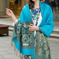 ；【‘；- Fashion Jacquard Shaw Peacock Blue Ethnic Style Scarf Women Wraps Plus Size Bufanda Spring Summer Echarpes Warm Mantilla