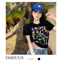 OMIUUS เสื้อยืด เสื้อยืดลายการ์ตูน เข้าได้กับทุกออกเเบบ ดูเอวผอม ผ้าใส่สบาย