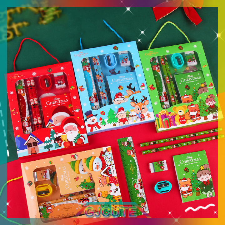 gjcute-6pcs-christmas-stationery-set-ดินสอเหลายางลบไม้บรรทัดชุดของขวัญสำหรับเด็ก-school-office-writing-supplies