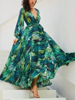 【YF】 Dress for Women Lantern Long Sleeve Deep V-neck Printed Ankle-length Skirt Evening Dresses Elegant Sexy Fashion Clothing