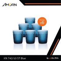 JJGLASS - (AMORN) KN 742/10 ST Blue (1x6) - แก้วน้ำดื่ม แก้วน้ำผลไม้ แก้วลายริ้ว แก้วมีลวดลาย ความสูง 10 ซม. แพ็ค 6 ใบ