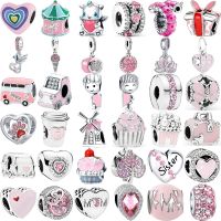 New Pink Series Mom Heart Car Paw Print Butterfly Flower Sweet Bead Fit Original Pandora Charm Silver Color Bracelet DIY Jewelry