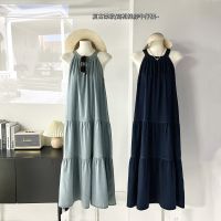 Genuine Uniqlo High-end French retro round neck halterneck denim dress for women summer new loose high-end fashion temperament vacation long skirt