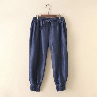 [มีไซส์ใหญ่]Plus Size 3XL-5XL Womens Cotton&amp;Denim Pants Elastic Waist Solid Color Haren All Matching Jeans with Bow Tie83124