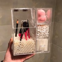 【YD】 Makeup Brushes Organizer with Pearls 3 Drawers for Cotton Pads/Swab/Beauty Egg/Nail Holder Cosmetics Storage