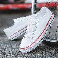 ?Kiyayais? รองเท้ายี่ห้อLEO สไตส์Converse รองเท้าผ้าใบรุ่น955 ขาวครีมแถบแดง