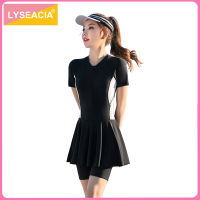 top●LYSEACIA M-5XL Skirted Plus Size Swimsuit for Women One Piece Swimsuits Solid Black Short Sleeve Swimwear Ladies Front Zipper Surfing Swim Wear Romper Beachwear