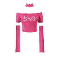 Spice knitting sweet hot pink pure desire with short sleeves bump color wor Girl Knitted Spicy Contrast Navel Neck Sweater Trendy T818z