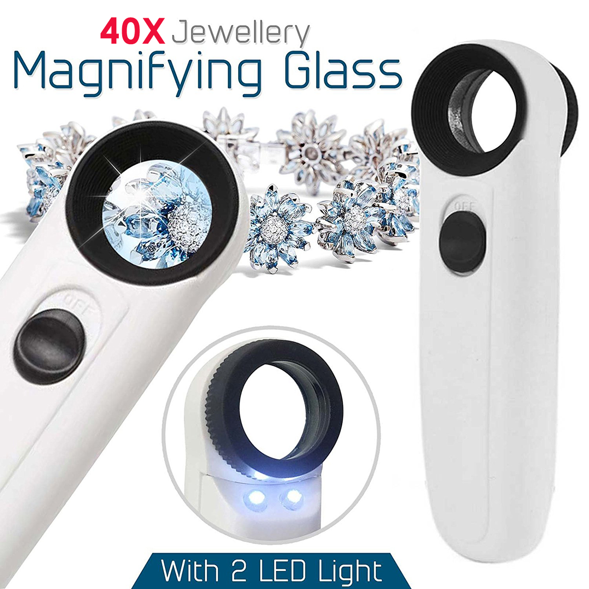 VETRO Lente Gioielleria Lente D'ingrandimento 40X 25 mm Eye Magnifier 2 LED Luci F8O4 