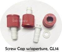 Screw-cap, w/aperture, GL14, red PBT+Plastic-hose contion w/silicone rub.seals, GL14, bent