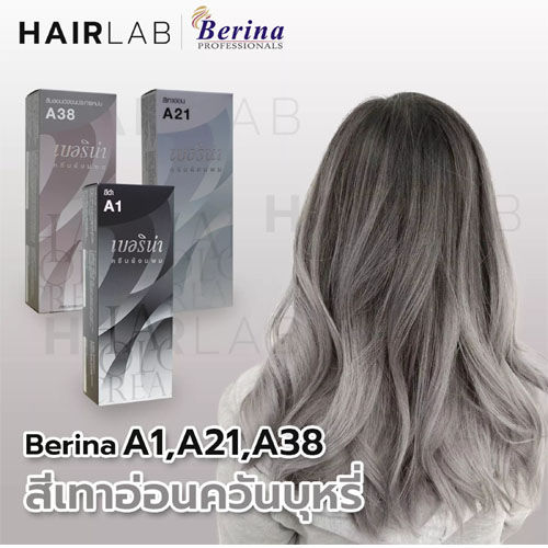 สีผมเบอริน่า-berina-hair-color-set-3-กล่อง-a1-a21-a38-สีเทาอ่อนควันบุหรี่-สีย้อมผมเบอริน่า-ครีมเปลี่ยนสีผม-berina