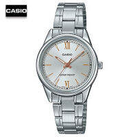 Velashop นาฬิกาข้อมือผู้หญิงคาสิโอ CASIO สายสแตนเลส สีเงิน หน้าปัดเงิน รุ่น LTP-V005D-7B2UDF, LTP-V005D-7B2, LTP-V005D