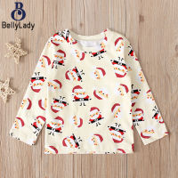 Girls Long Sleeves T-shirt Christmas Cartoon Santa Printing Round Neck Pullover Tops【fast】