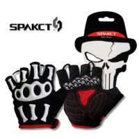 SPAKCT กะโหลกศีรษะของผู้ชายเหมาะสำหรับถุงมือจักรยาน SRG แผ่นเจลซิลิโคน MTB BMX เหมาะสำหรับถุงมือชุดปั่นจักรยานฤดูร้อนครึ่งนิ้วสั้นเหมาะสำหรับถุงมือโครงกระดูก