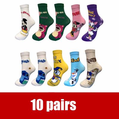 10 pair Casual cute women socks Mickey Stitch cotton long socks Cartoon Animal sock for women Kawaii girl sock size 35-42
