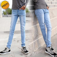 ใหม่2022ในร่ม Casual Light Blue Streetwear Denim กางเกงดินสอวัยรุ่น Slim Fit ซักผ้า Hombre กางเกง28-34