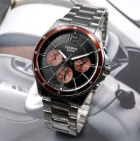 Win Watch Shop นาฬิกา Casio รุ่น MTP-1374D-5AV นาฬิกาผู้ชาย สายแสตนเลส หน้าปัด สีดำ- แดง - ของแท้ 100% รับประกันสินค้า 1 ปีเต็ม