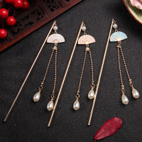 Long Tassel Hair Sticks Chinese Hanfu Hair Acessories Fan Shaped Hairpin Chopsticks Ancient Girls Hair Bun Headpiece Jewelry Haberdashery