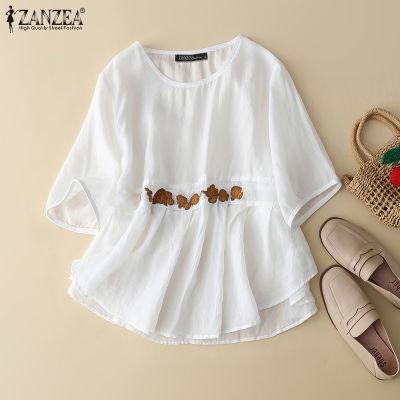 (สินค้ามาใหม่)(จัดส่งฟรี)Fancystyle ZANZEA เสื้อผู้หญิงสีพื้นเสื้อวินเทจหลวมเสื้อสตรีแบบจีบกางเกงผ้าฝ้ายผ้าลินินลายดอกไม้ปักแบบสวมหัว #2